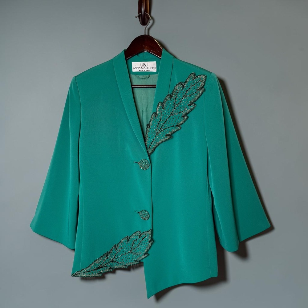 Anna Marchetti Beaded Asymmetrical Blazer Teal Bell Sleeve Made in Italy 42/US 6